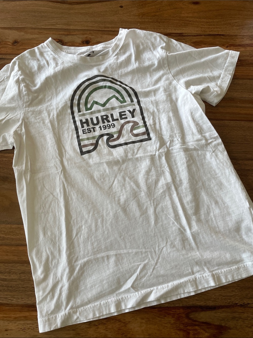Hurley White Logo Tee with Green and Brown Accents